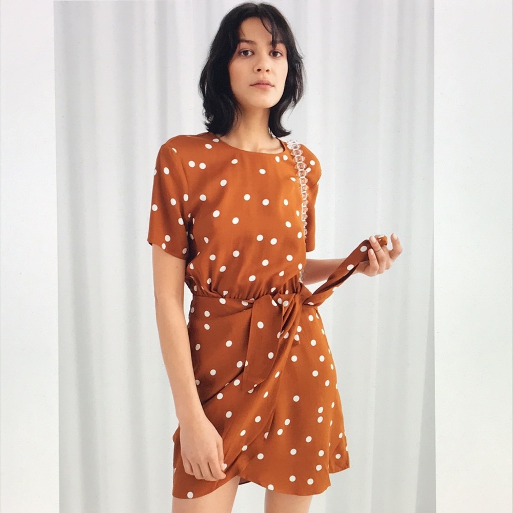 & Other Stories tie up mini wrap dress in Rust 4